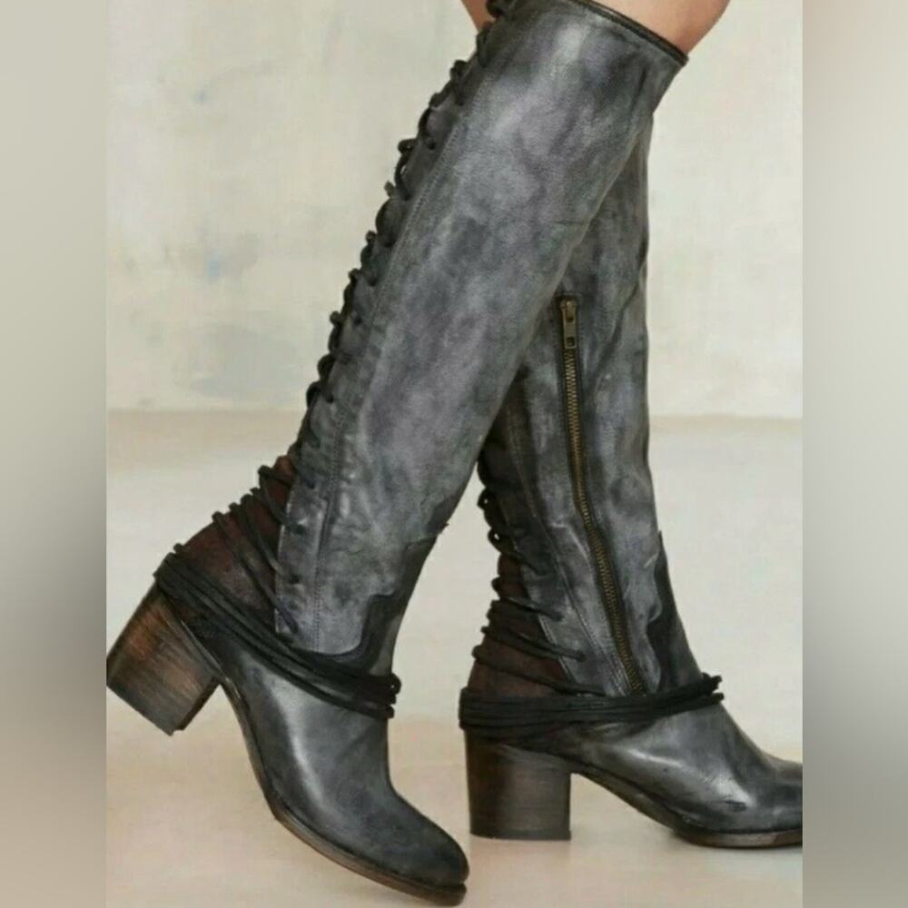 FREEBIRD Coal Black Size 9 M Distressed Lace Up Boho Equestrian Riding Boots